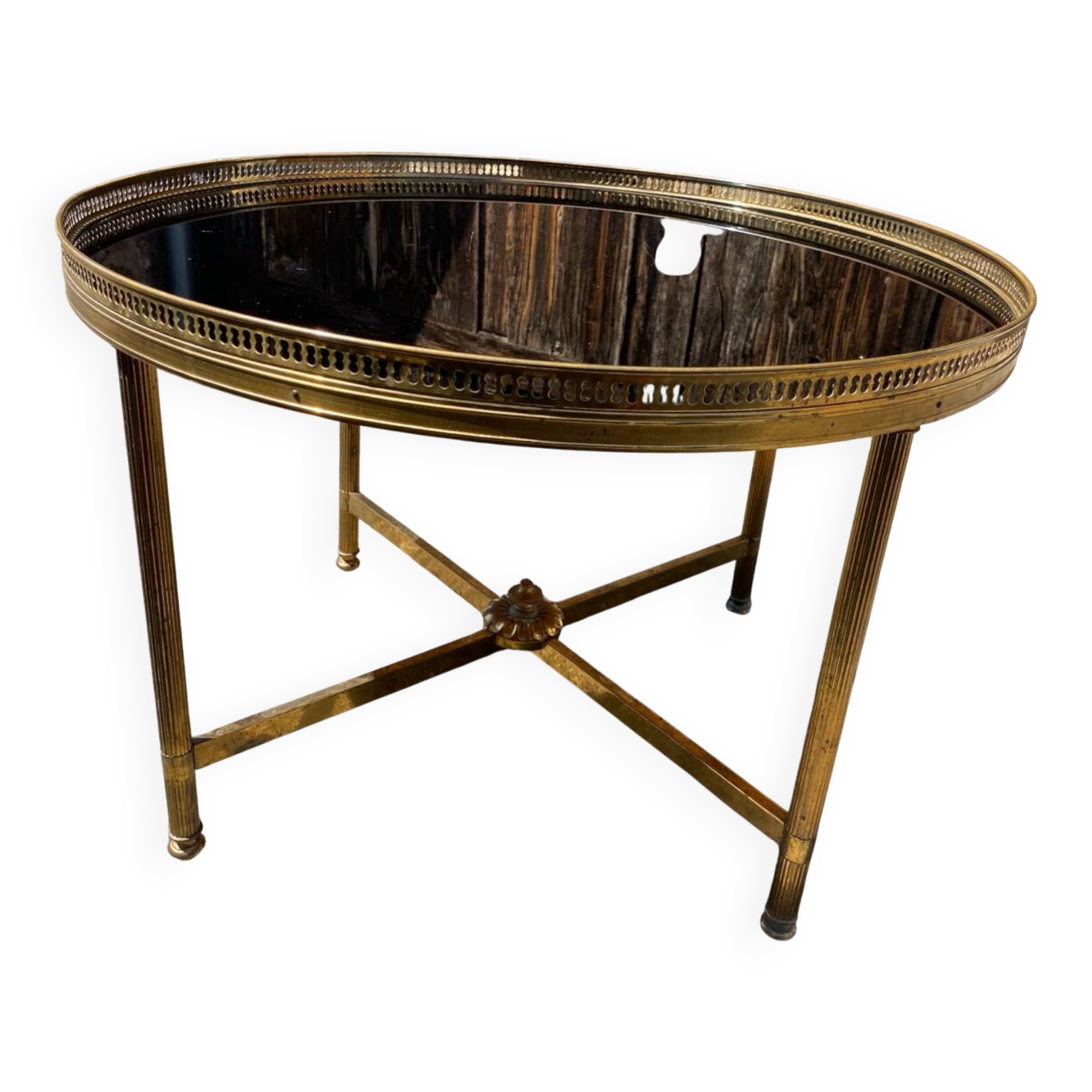 Neoclassical coffee table in black opaline glass and gilt bronze, circa 1970