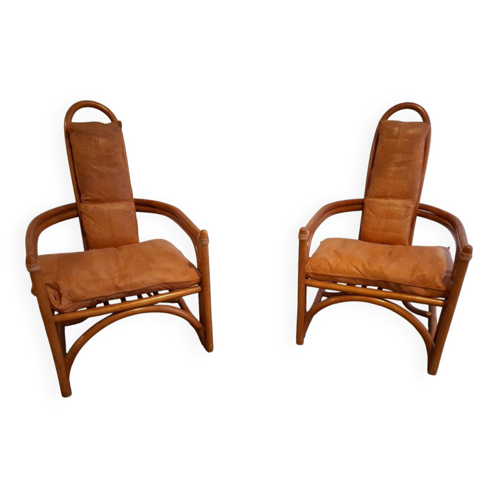 Set de fauteuils en bambou et cuir années 60'S