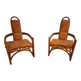 Set de fauteuils en bambou et cuir années 60'S