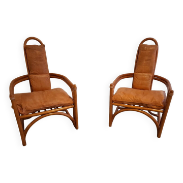 Set of 1960s bamboo and leather armchairs