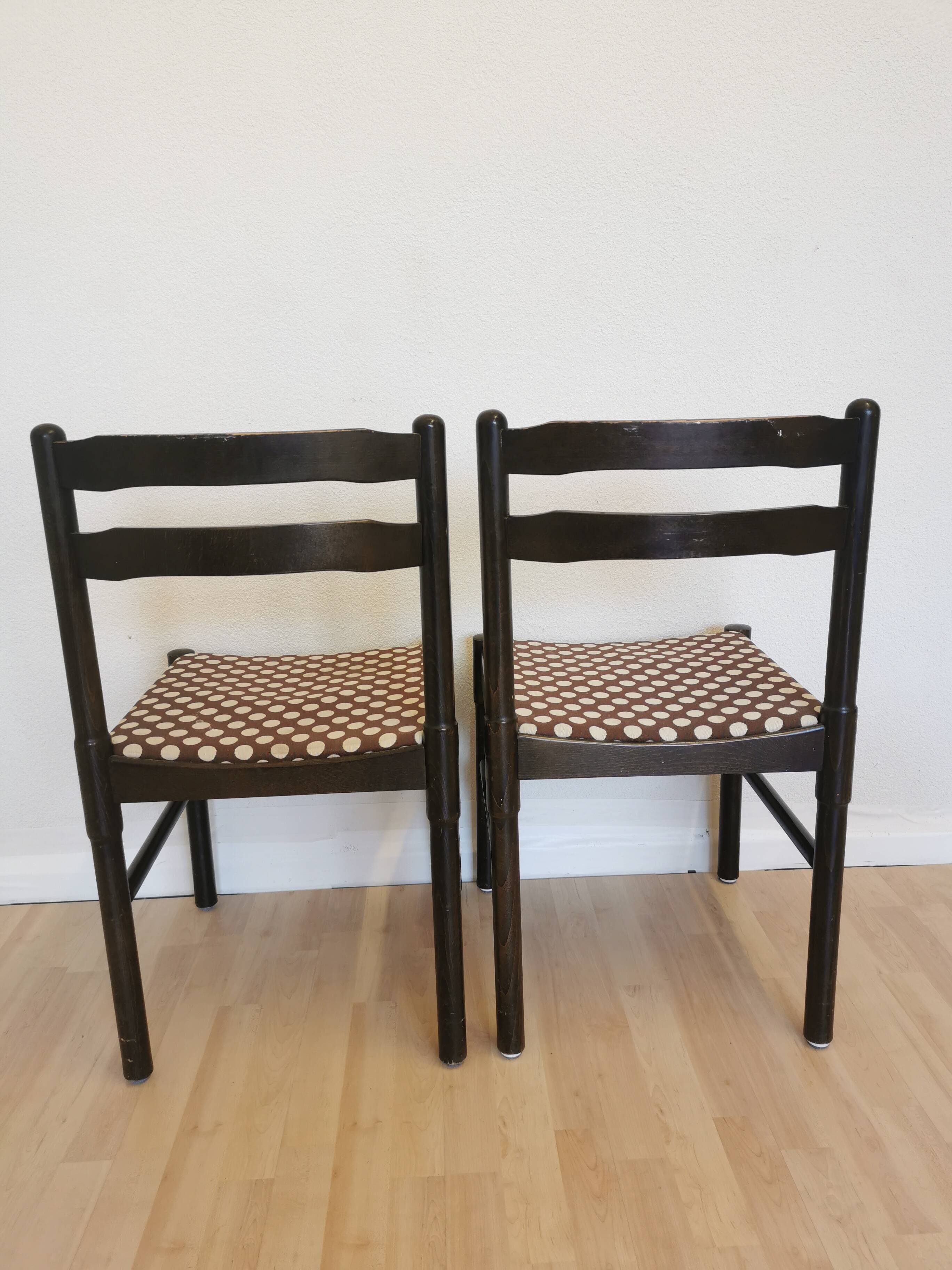 Set of 2 Vintage Wooden Dining Chairs: Brown & White Polka Dot Fabric 80s