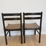 Set of 2 Vintage Wooden Dining Chairs: Brown & White Polka Dot Fabric 80s