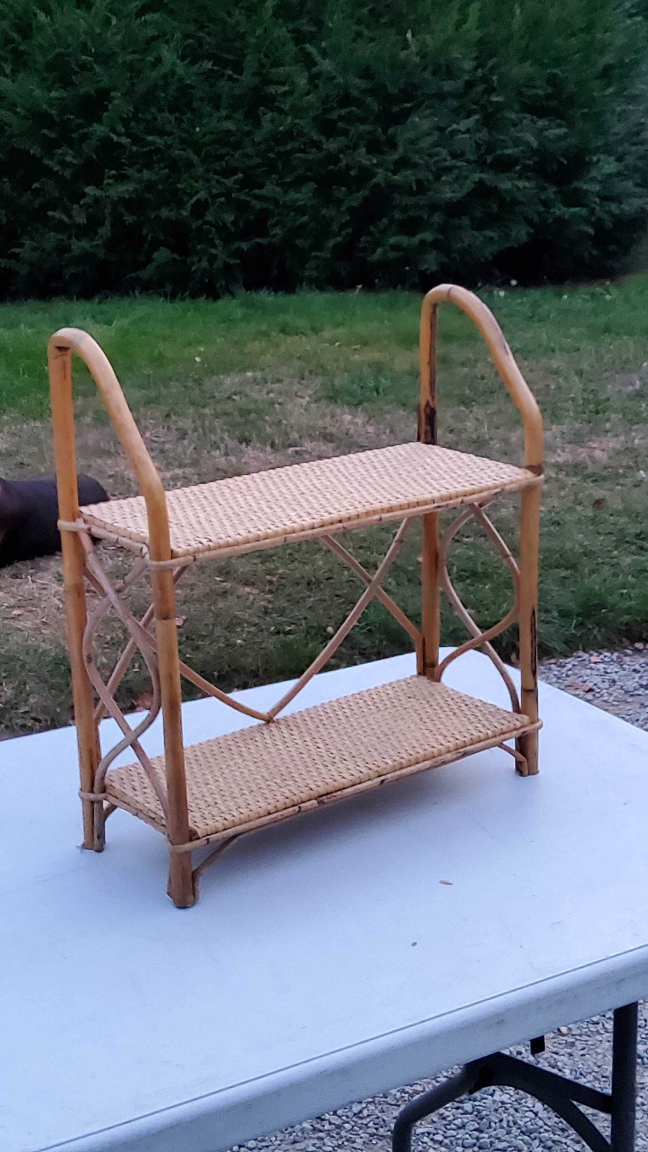 Double wall shelf in bamboo and rattan from the 70s