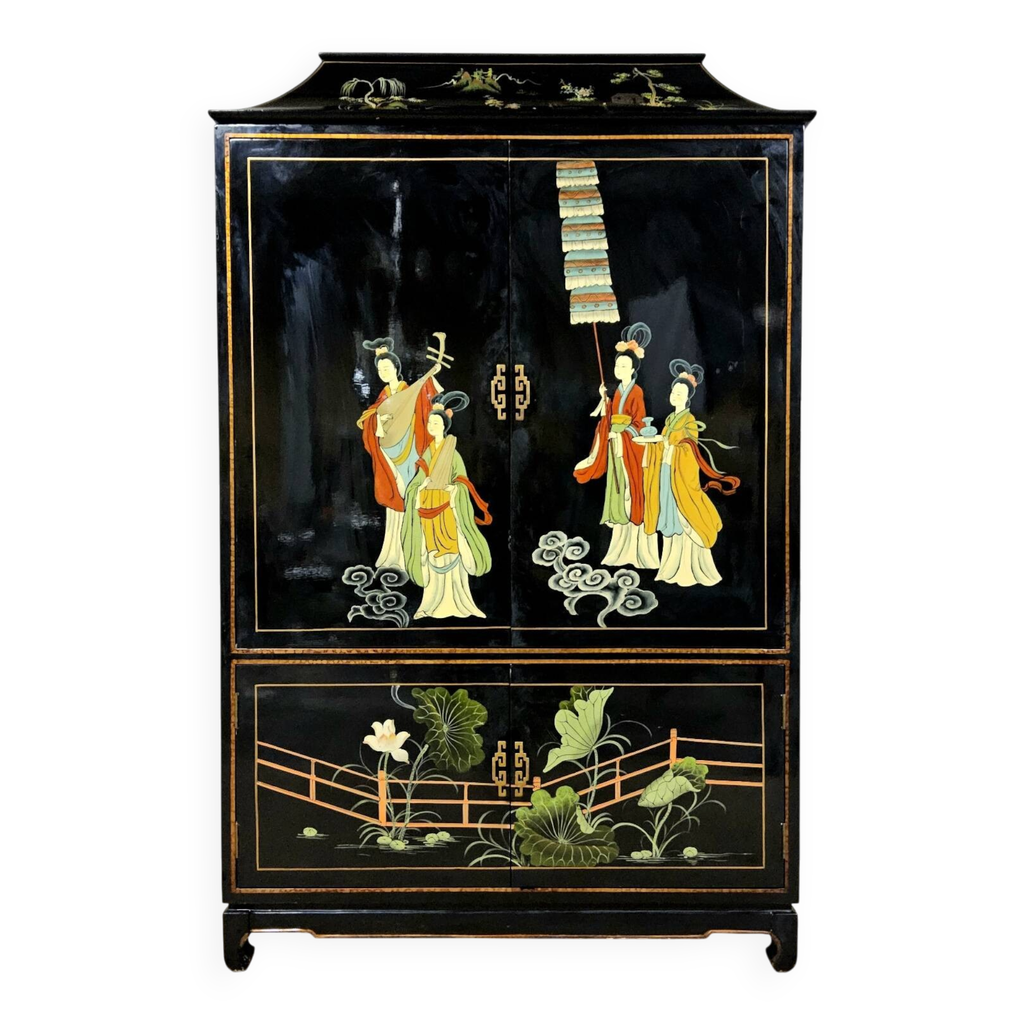 Vintage Chinese pagoda cabinet traditional scene (bohemian)