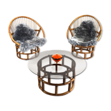 1970s Rattan Bamboo Seating group with sheepskins
