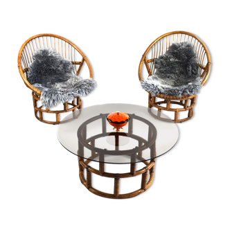 1970s Rattan Bamboo Seating group with sheepskins