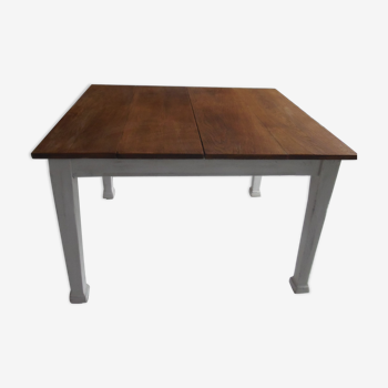 Solid oak table with extensions, belt and base patinated pearl gray, oak top.