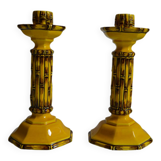 Paire de bougeoirs ou chandeliers céramique à l'imitation du bambou Italie 70's