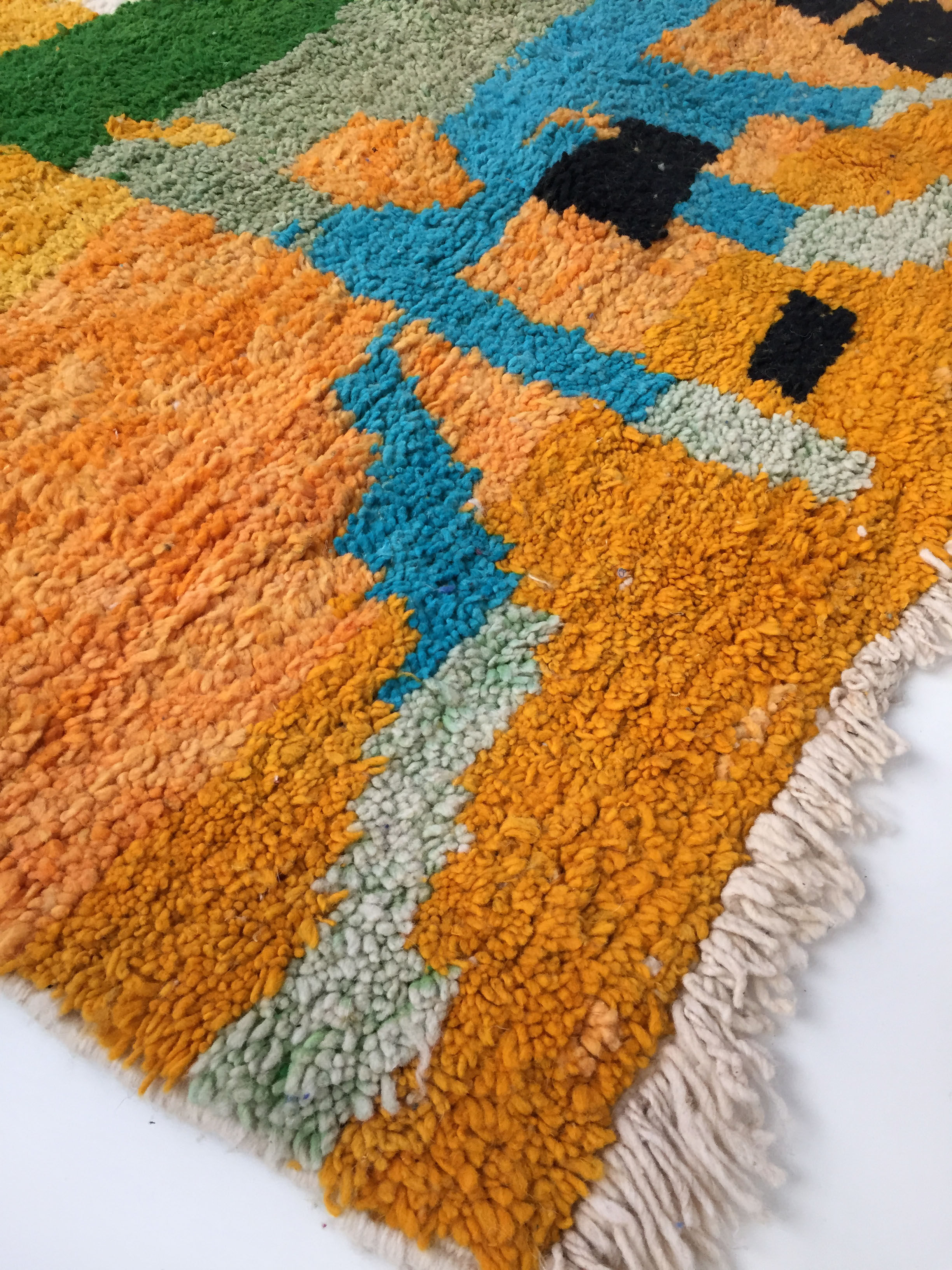 Moroccan Berber carpet Boujaad mustard with colorful patterns 275x182cm