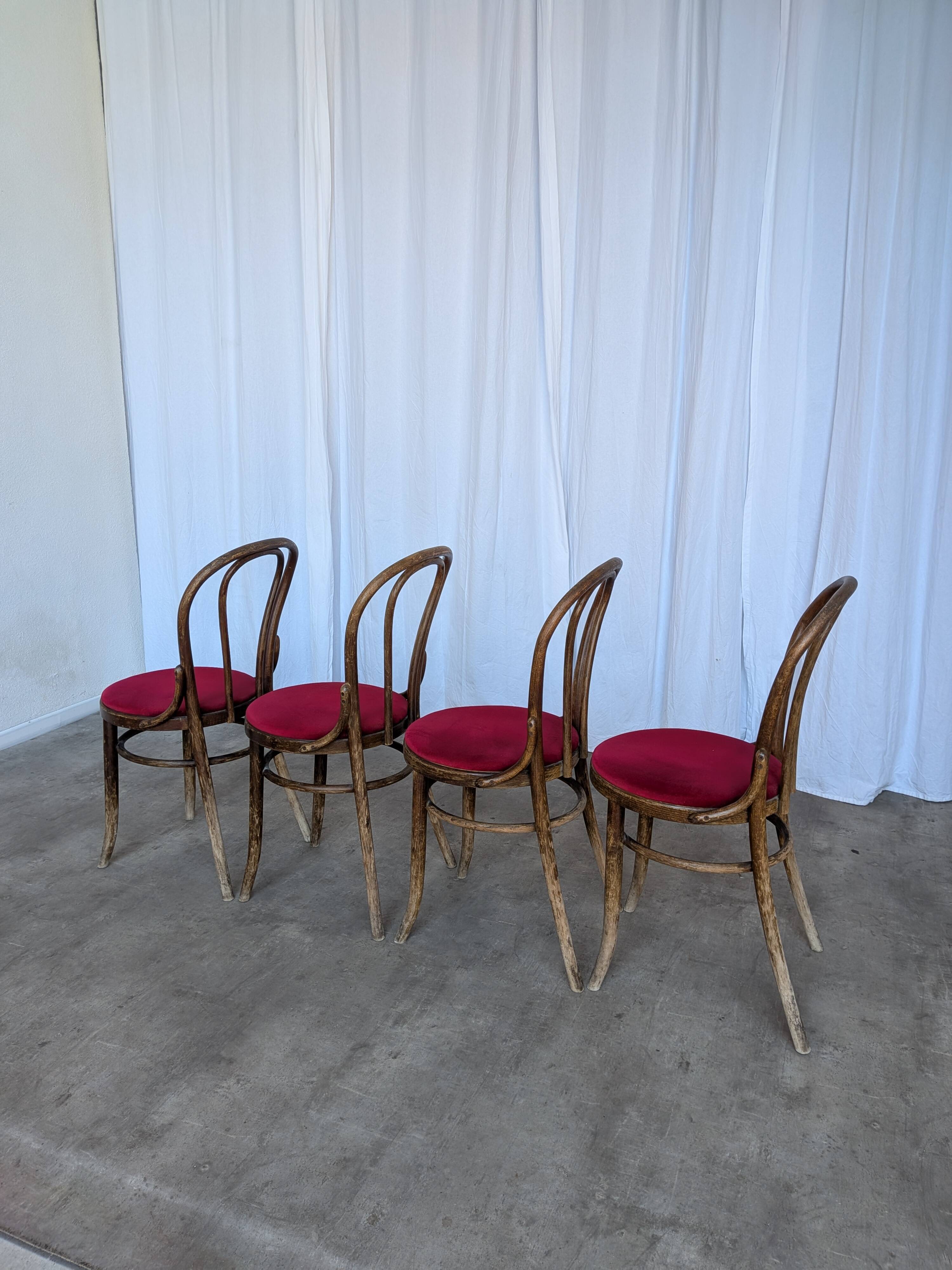 Set of 4 Vintage Bentwood Bistro Chairs, Red Upholstery