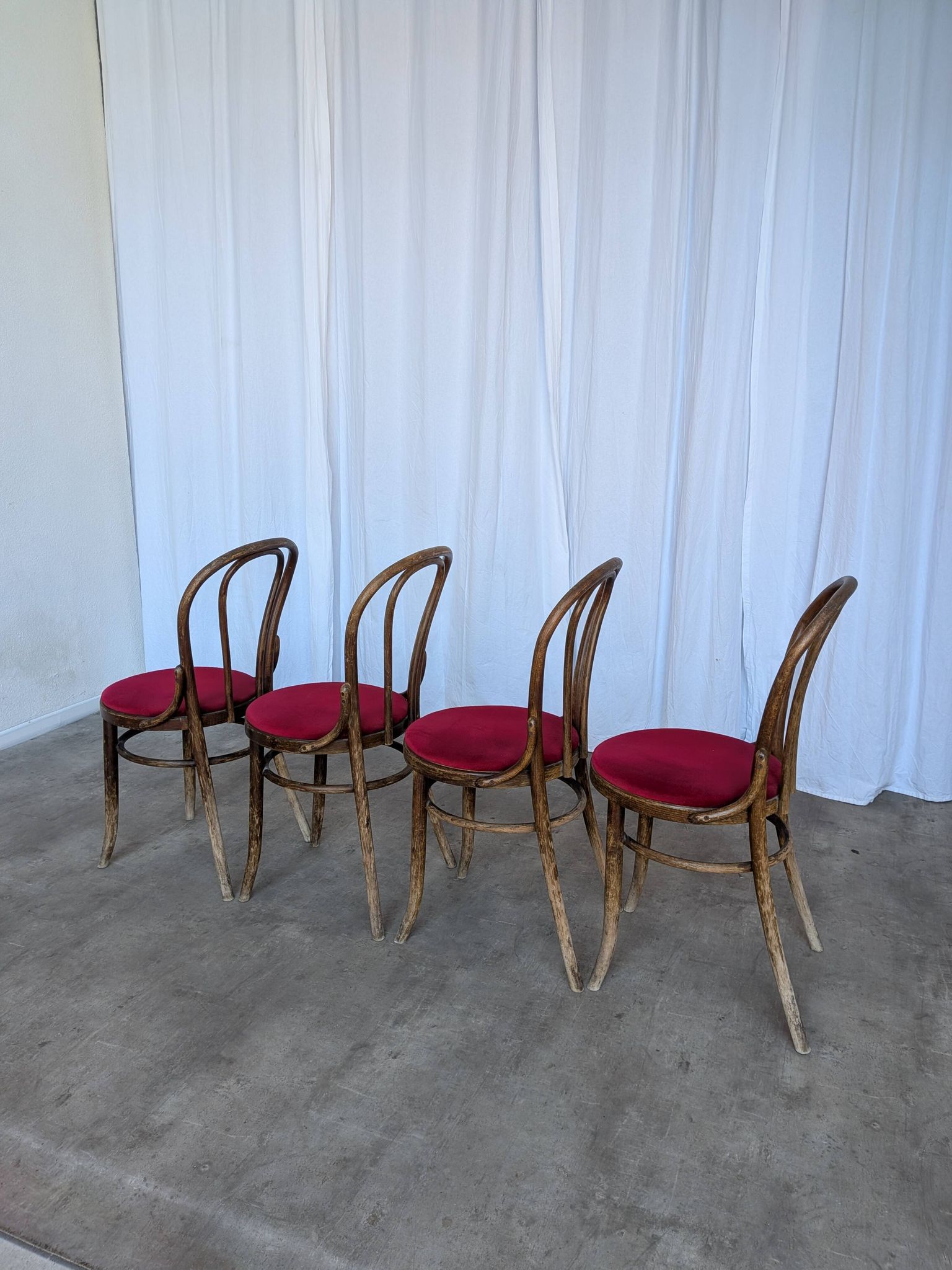 Set of 4 Vintage Bentwood Bistro Chairs, Red Upholstery