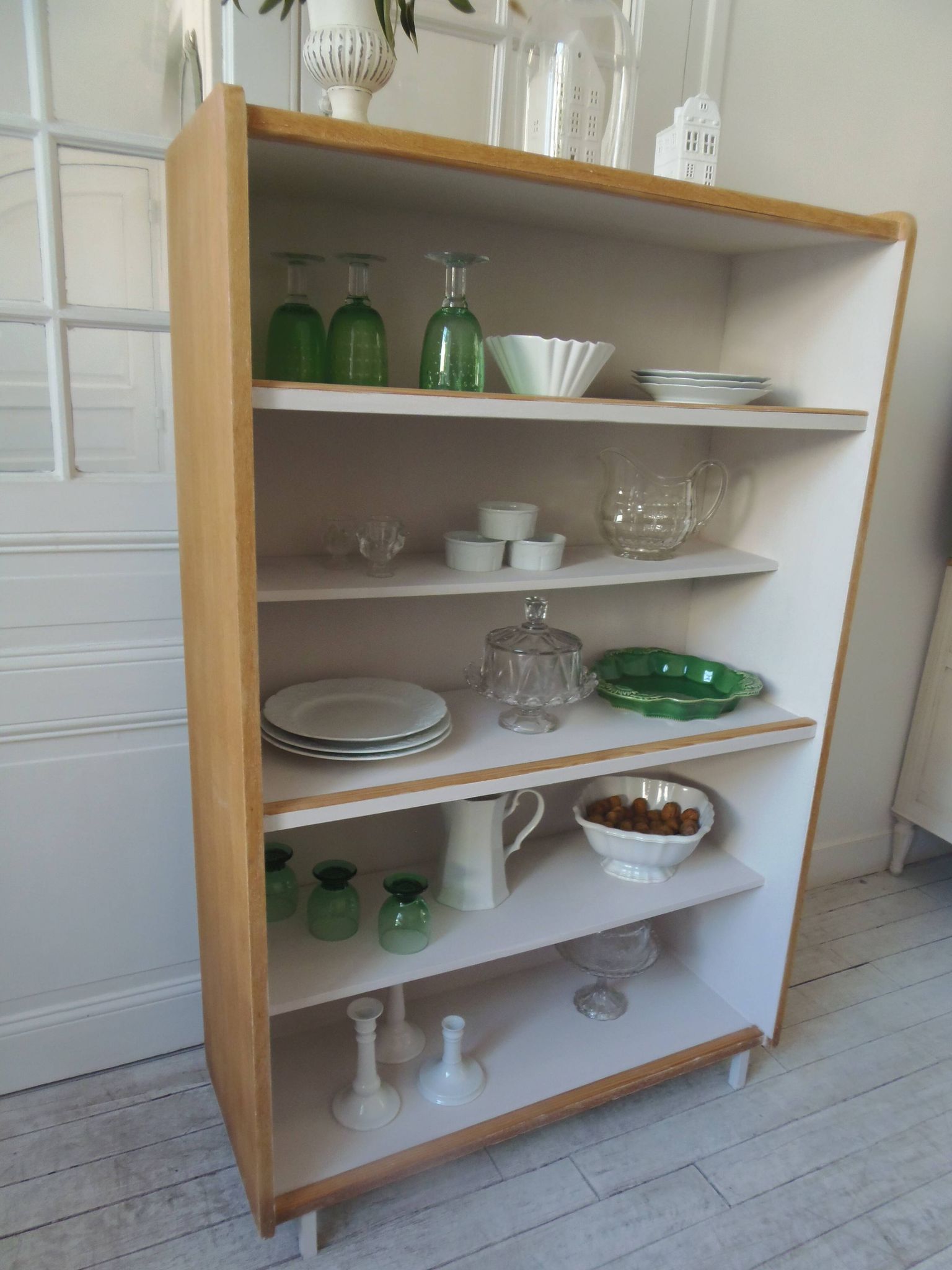 Vintage oak veneer bookcase, pearl gray interior, metal legs