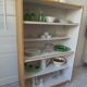 Vintage oak veneer bookcase, pearl gray interior, metal legs