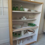 Vintage oak veneer bookcase, pearl gray interior, metal legs