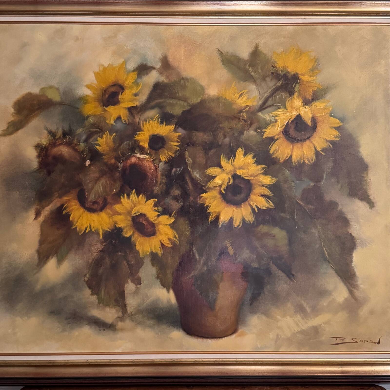 Oil on canvas still life with sunflowers by P. Sorrol 20th century