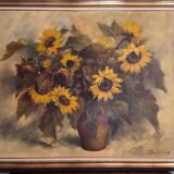 Oil on canvas still life with sunflowers by P. Sorrol 20th century