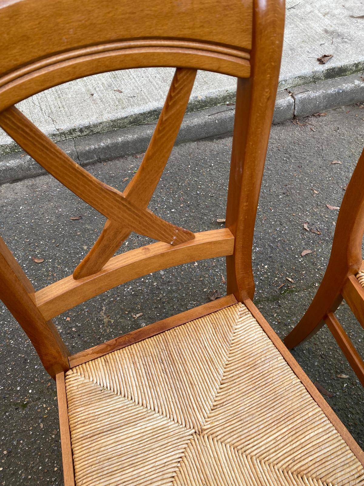 4 medium beech solid wood chairs with rush seats in Louis Philippe style