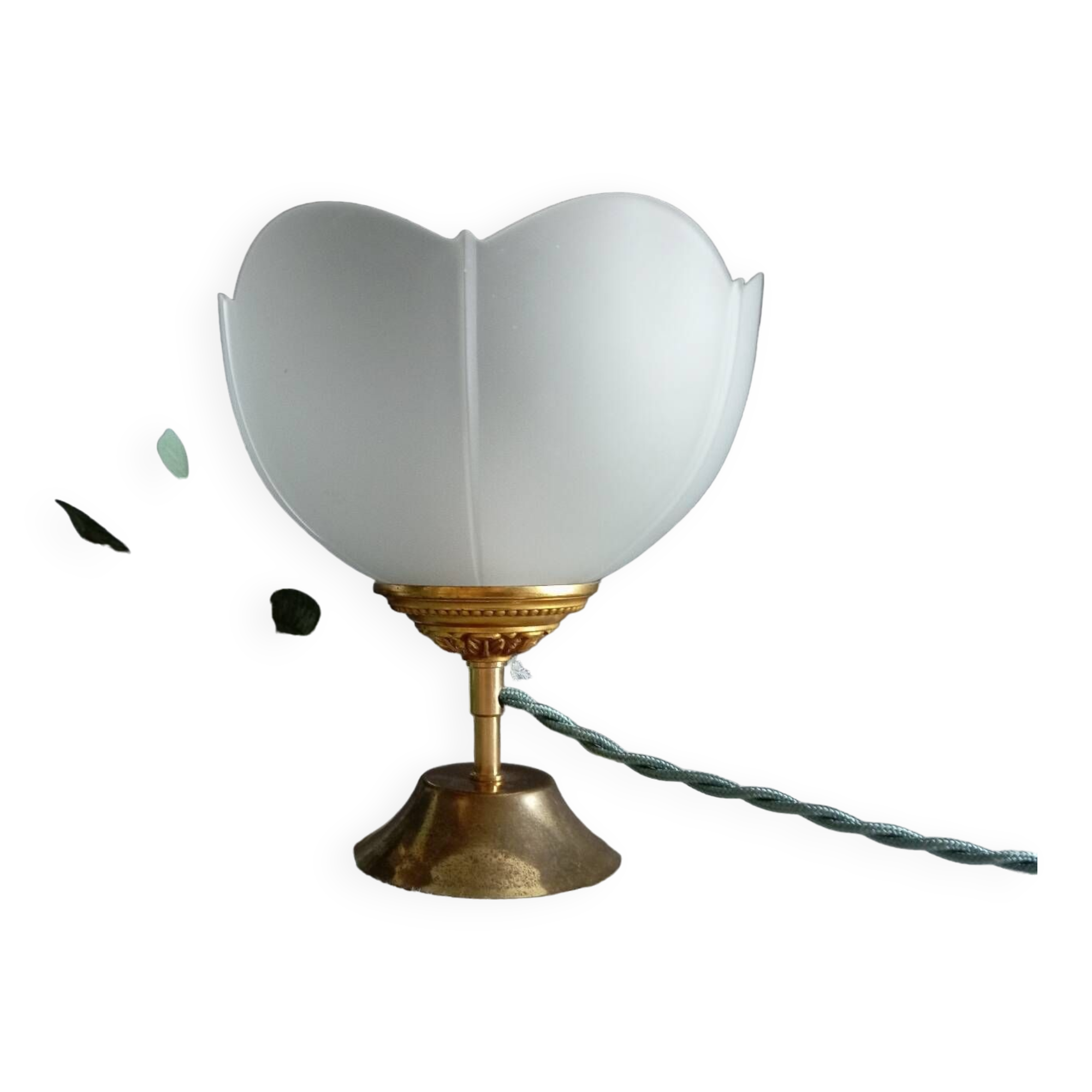 Art deco desk lamp white frosted corolla glass, gold base