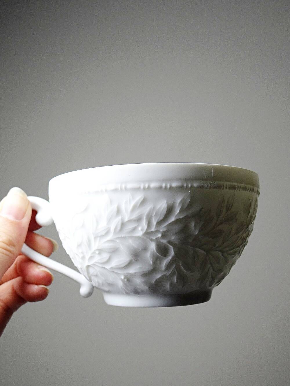 Set of 6 Bernardaud Limoges Louvre model white porcelain cups.