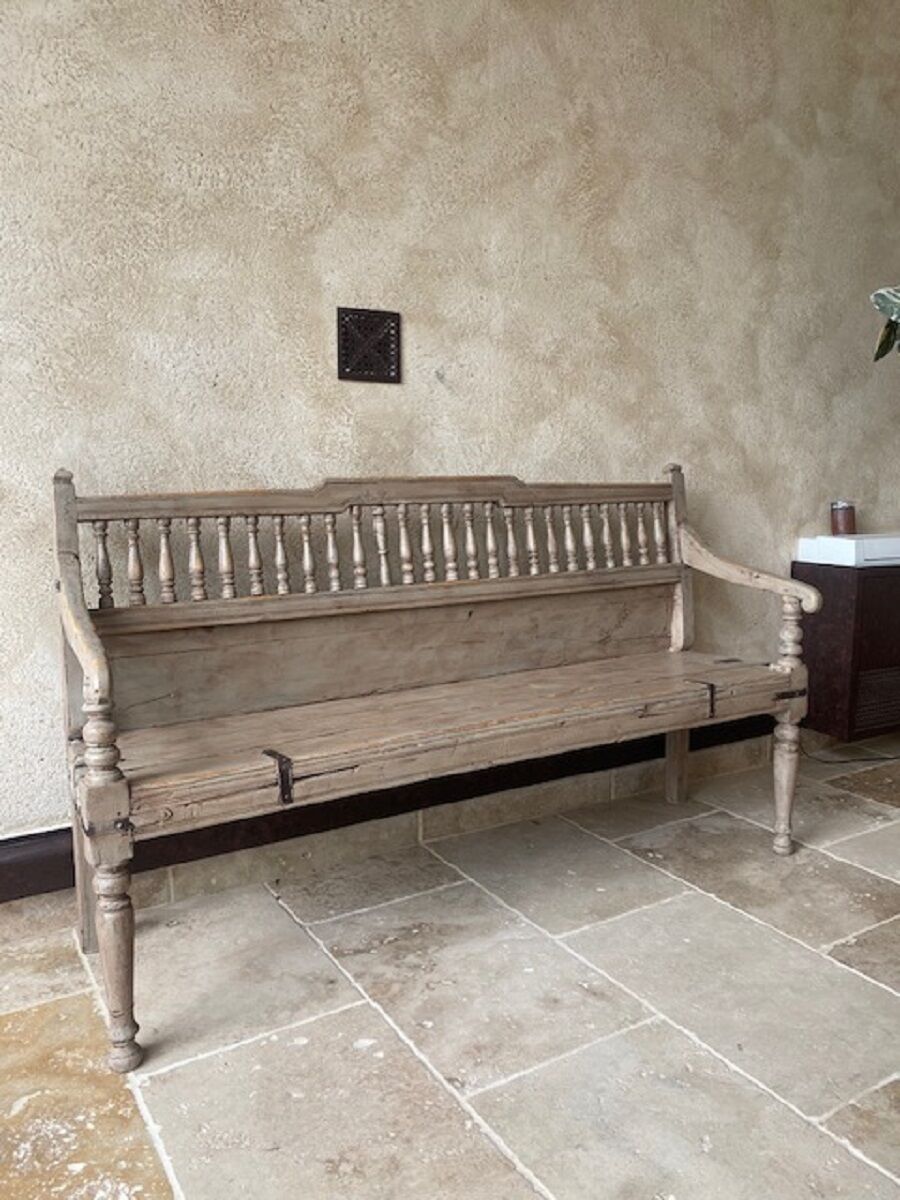 Patinated exotic wood bench for indoor or outdoor use