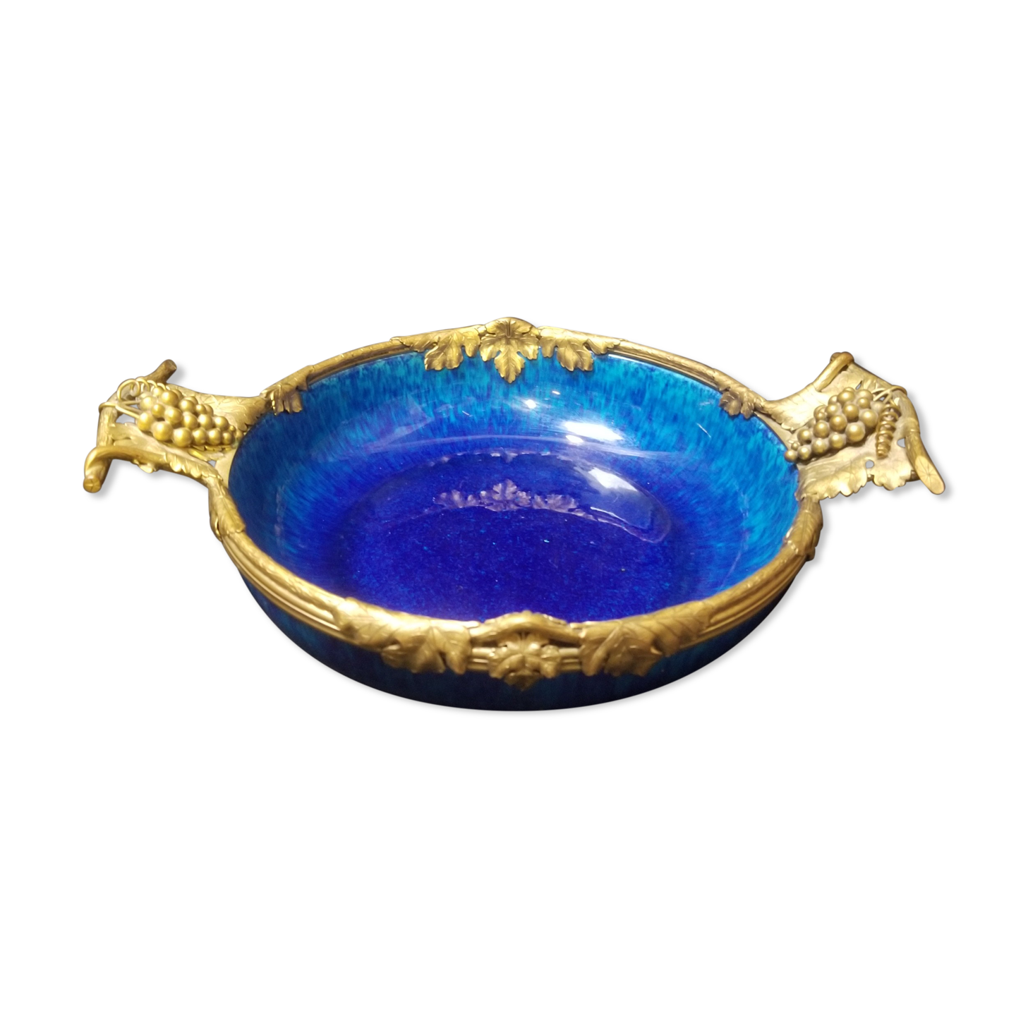 Cobalt blue fruit cup in Sèvres Porcelain and Bronze signed Paul Milet