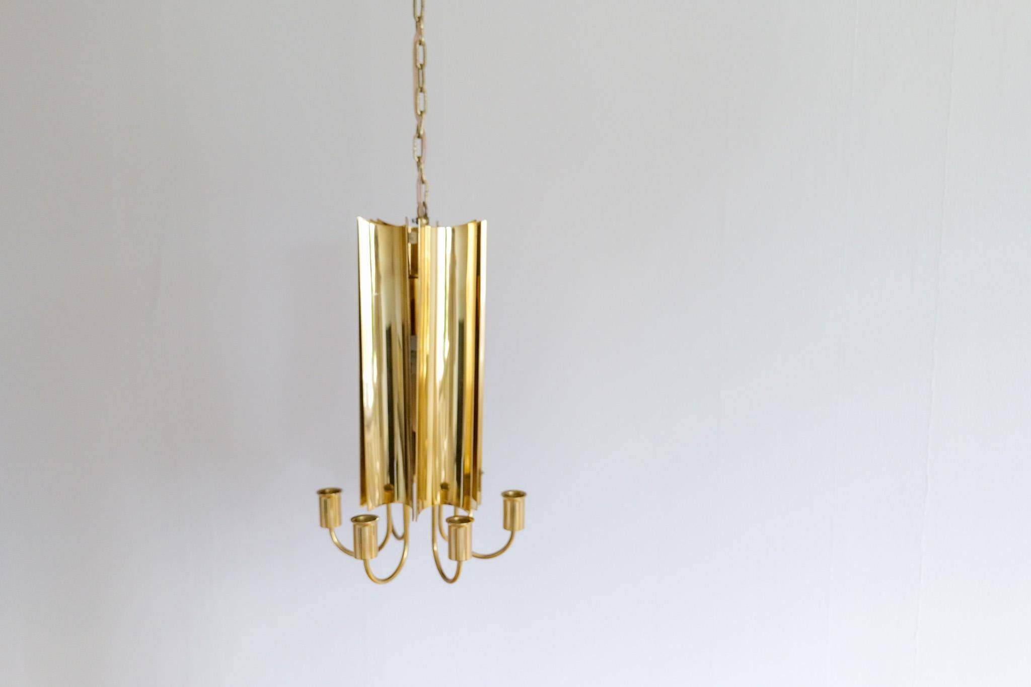 Modern mid-century brass chandelier Reflex Pierre Forssell Skultuna, Sweden