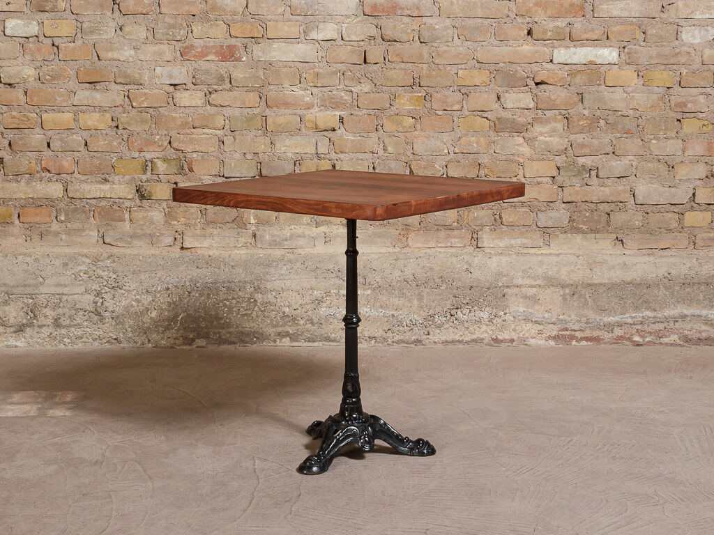 Bistro table with square tray of solid tinted oak and steel footing