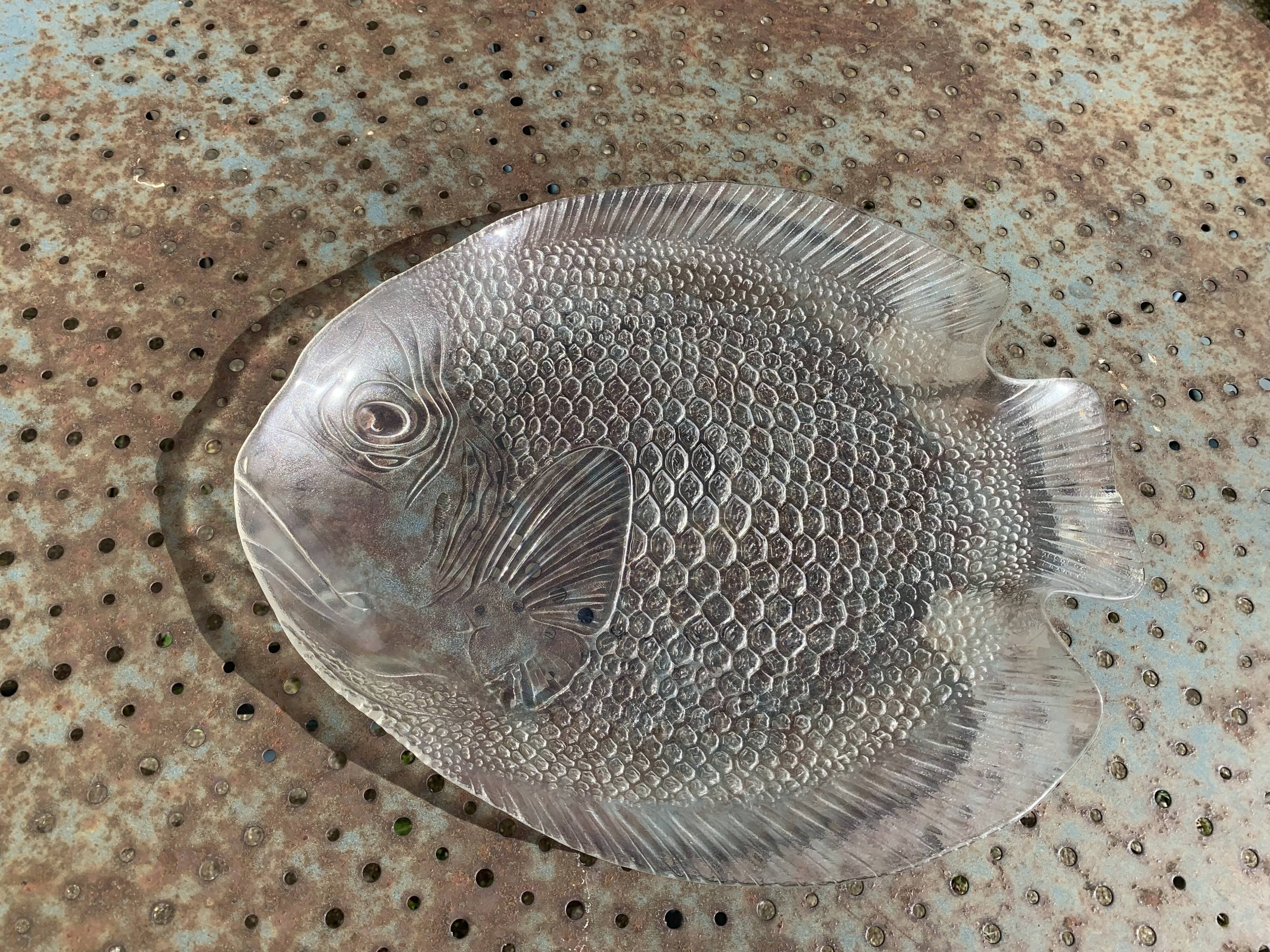 Large fish-shaped dish in transparent glass, made in France, vintage 1970
