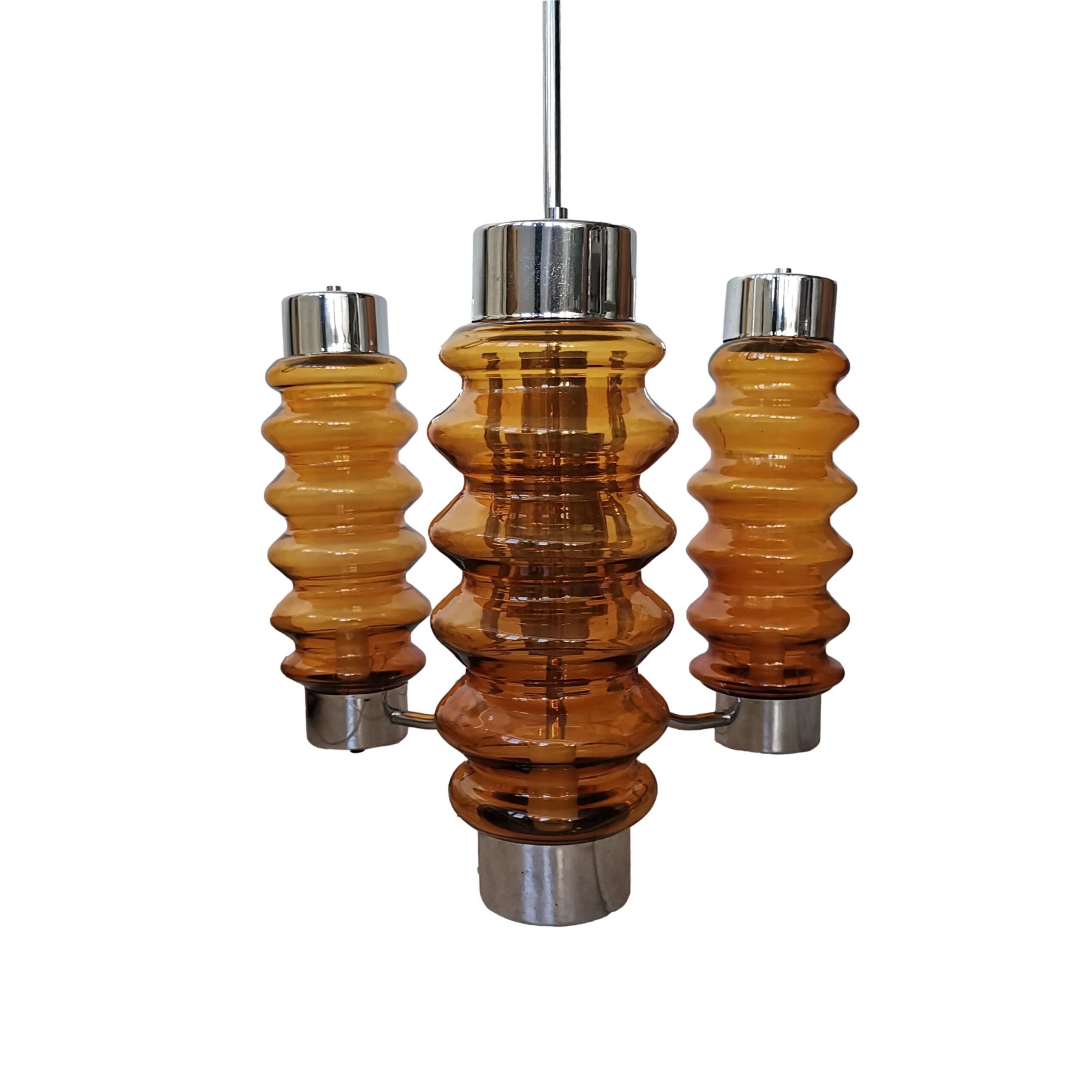 Modern amber brown glass and chrome 3 light chandelier 1970