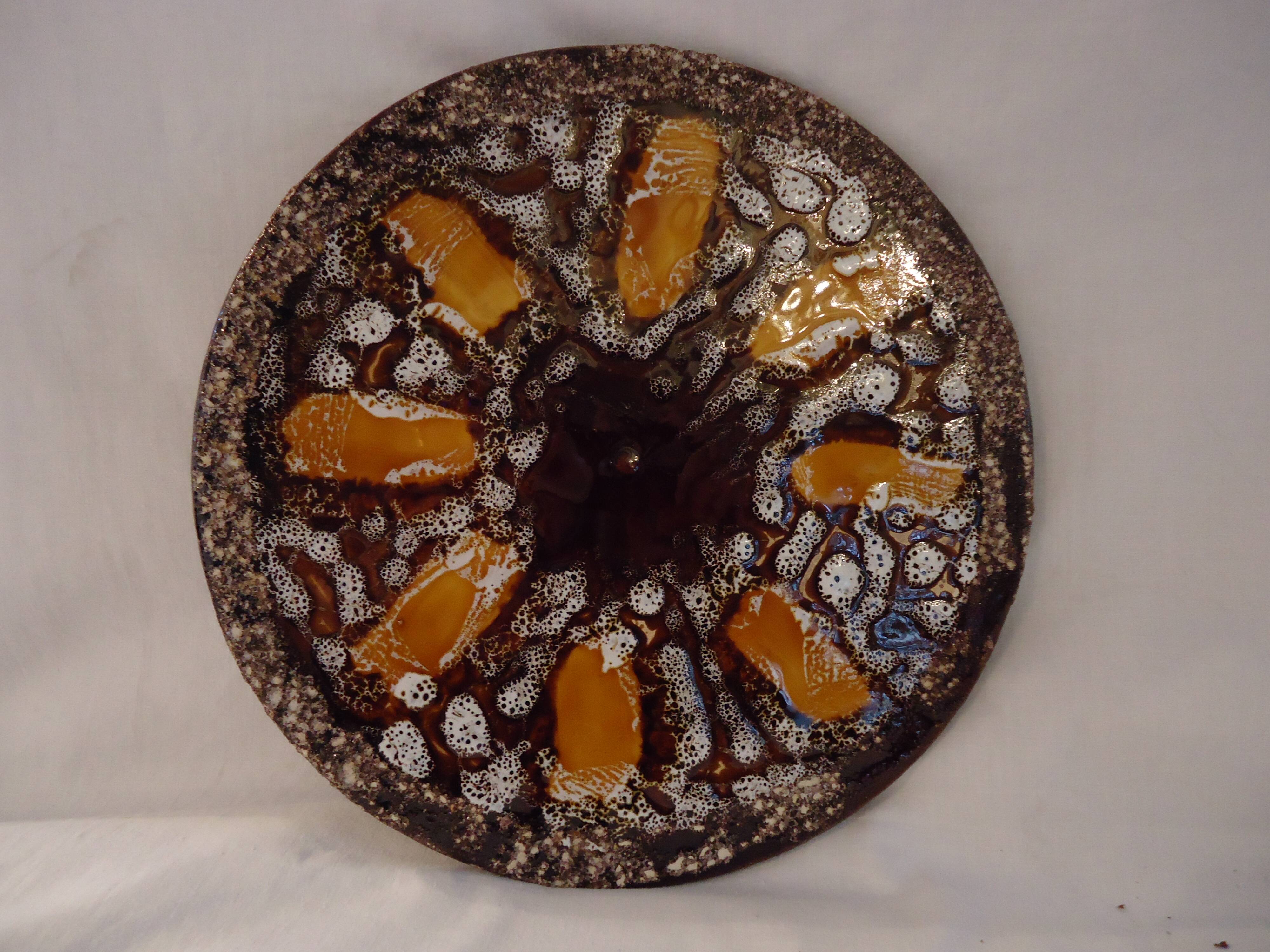 Round plate Vallauris glazed ceramic in brown and orange and Fat Lava A036