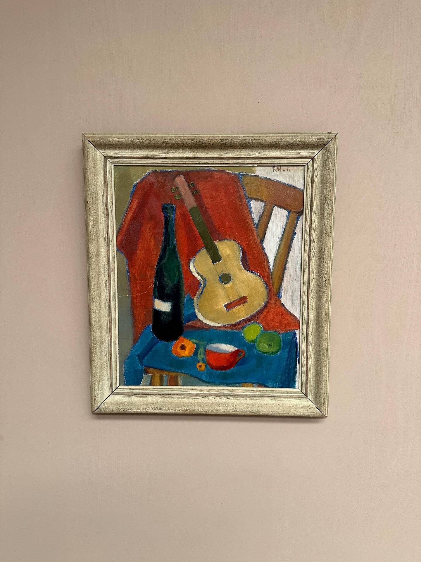 Swedish Oil on Canvas – “Still Life with Guitar and Wine Bottle”