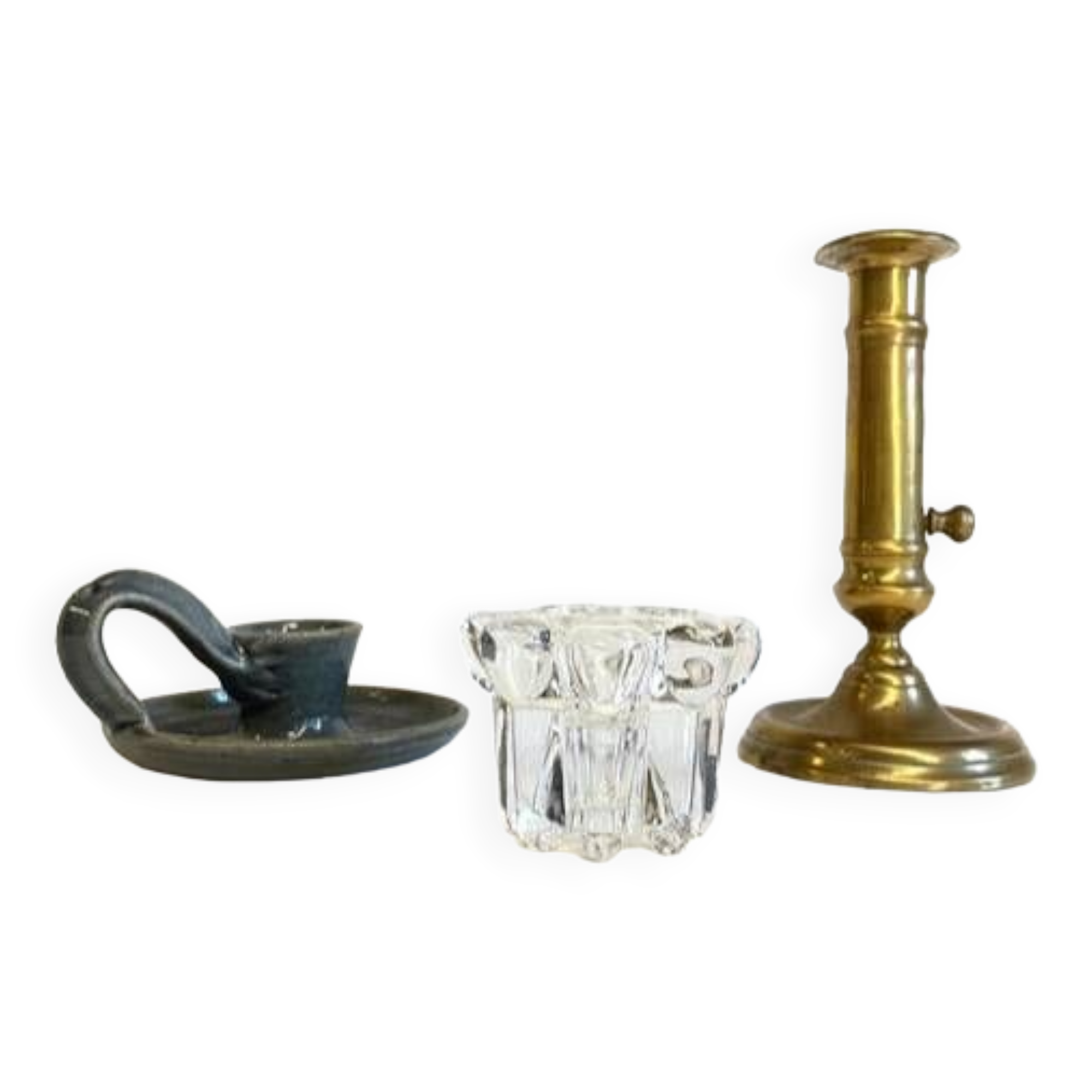 3 candlesticks in vintage brass and crystal