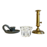 3 candlesticks in vintage brass and crystal