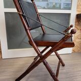 Colonial style folding leather and teak armchair