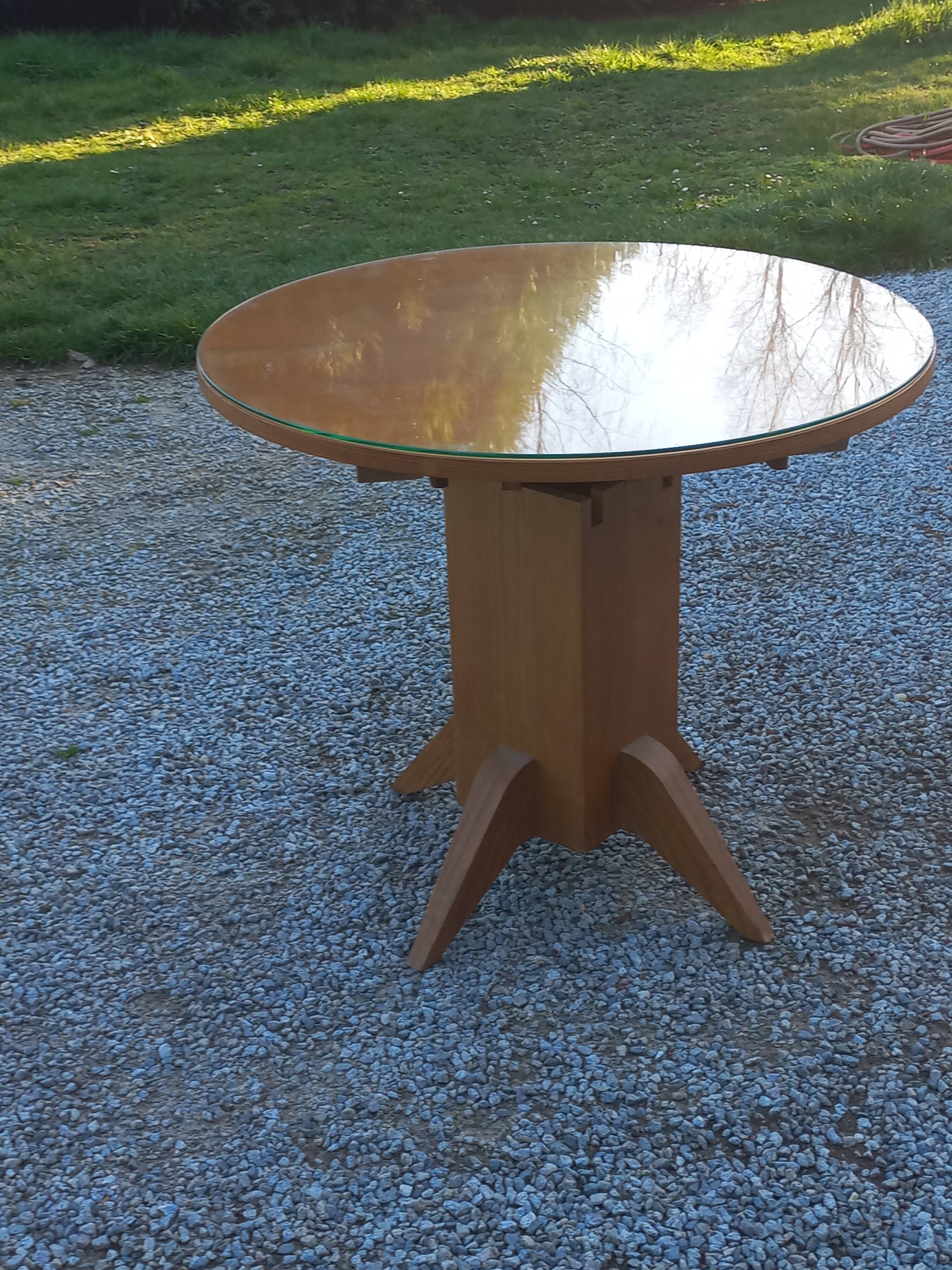 1950s round oak table, 2 heights, central quadripod leg