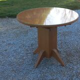 1950s round oak table, 2 heights, central quadripod leg