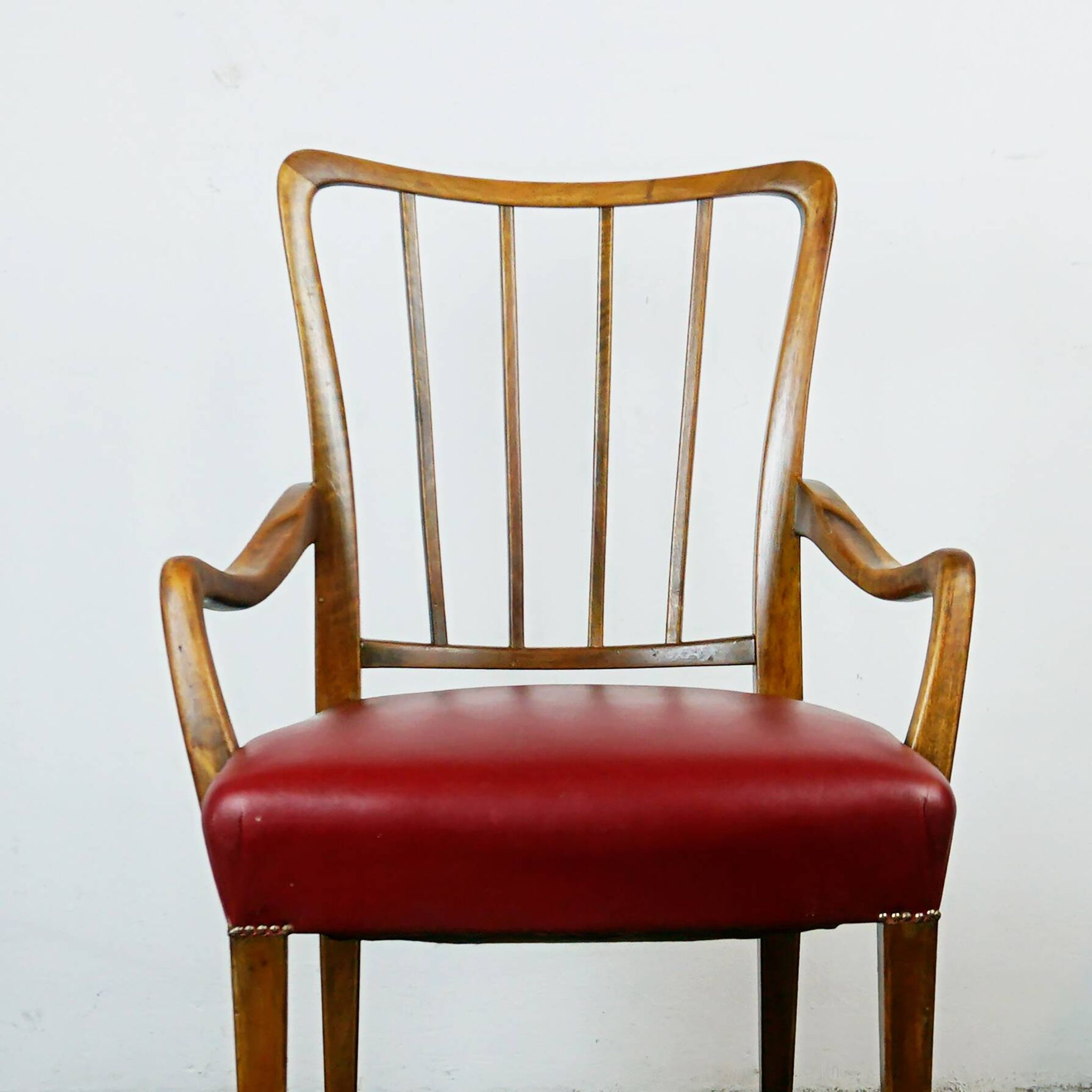 Austrian Dining Chairs in Walnut and Red Leather by Oswald Haerdtl from the Mid-Century