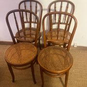 Set of 4 vintage Fischel bistro chairs in curved wood and cane
