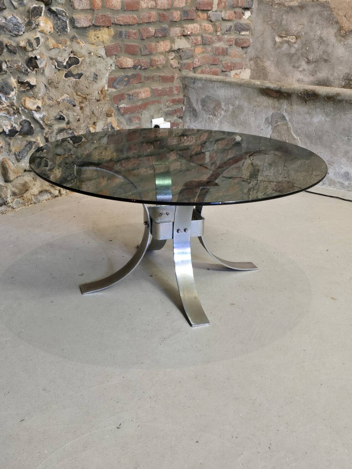 Vintage metal and smoked glass coffee table, 1970