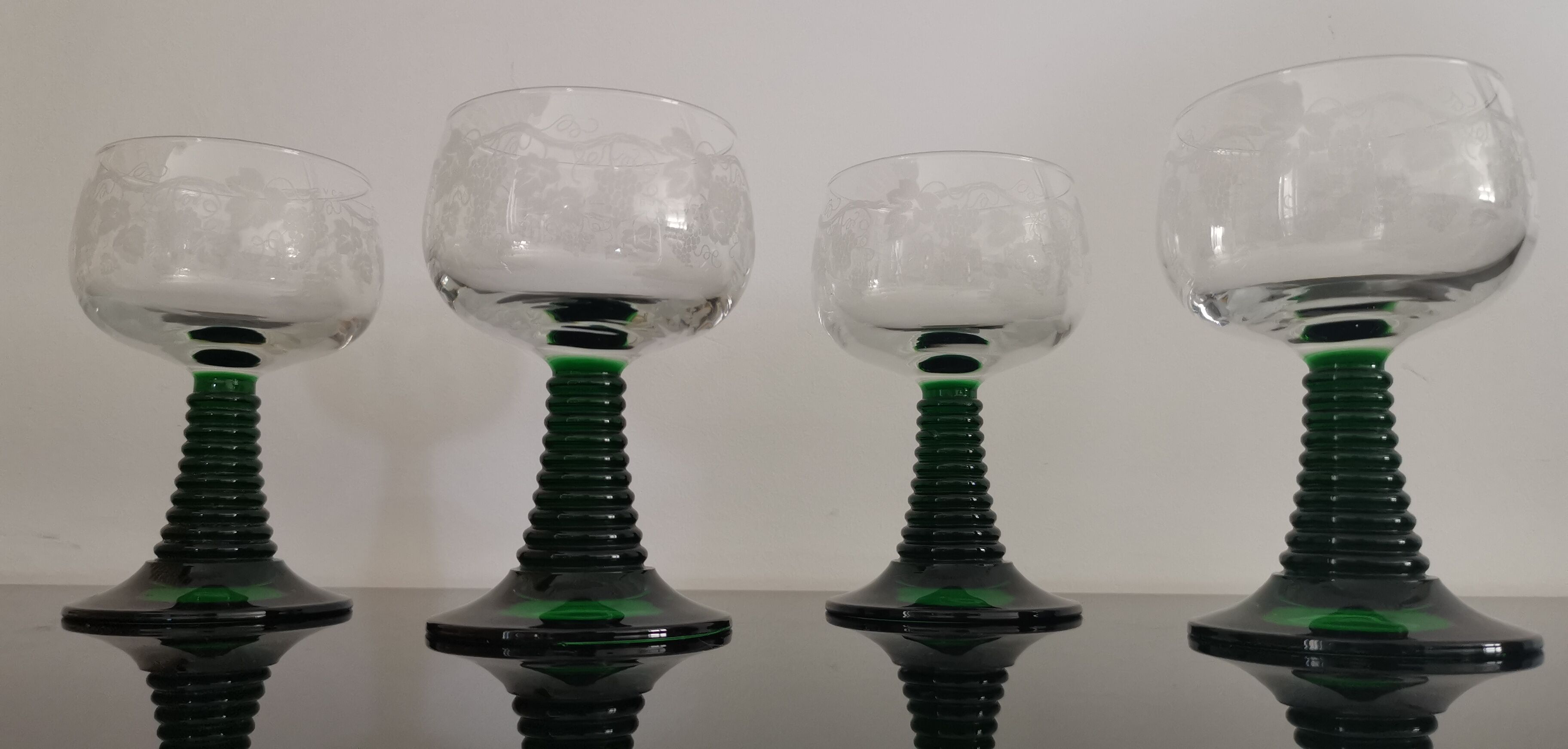 4 old Alsatian Roemer wine glasses decorated with vines