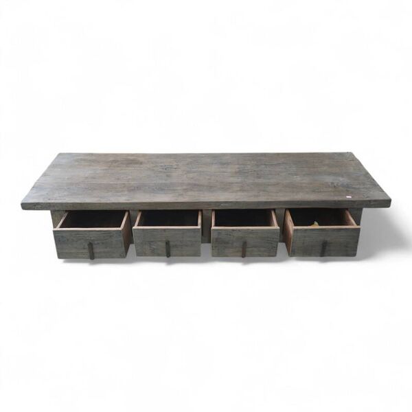 Table basse vintage en bois d'orme à 4 tiroirs