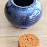 Blue glazed stoneware pot with cork stopper