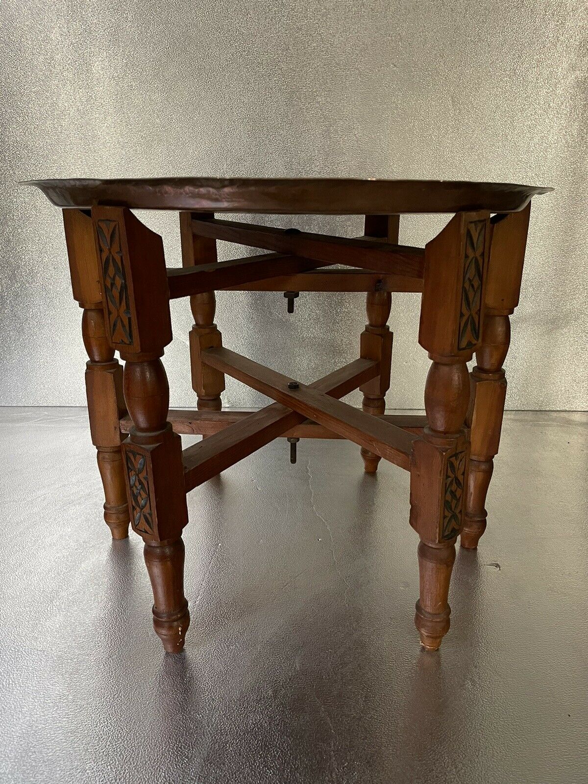 Oriental tea table, moroccan, copper top, engraved wood base, ethnic
