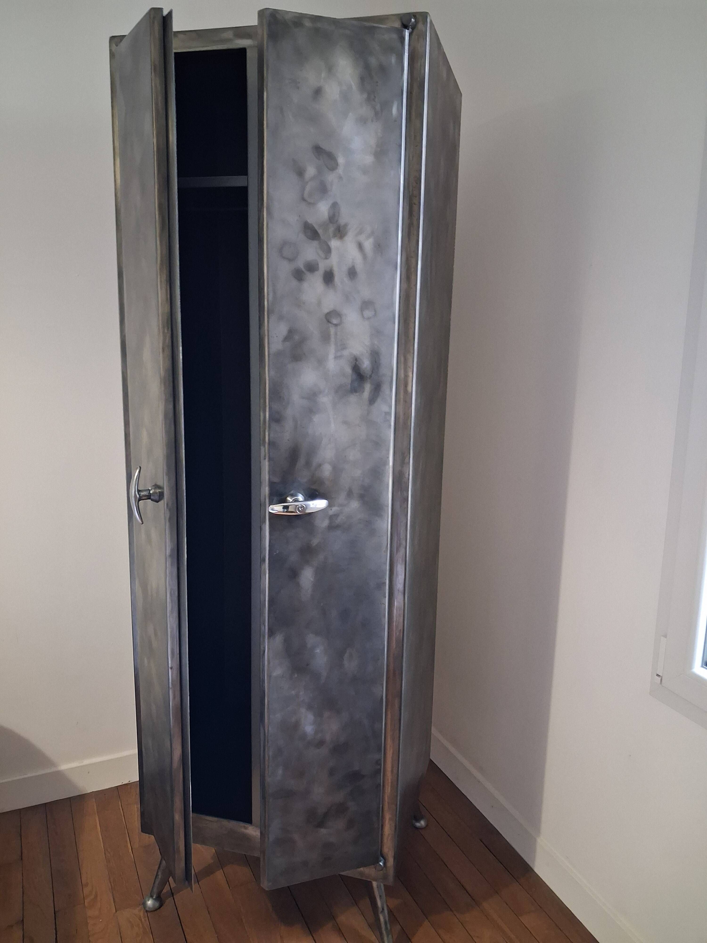 1960s factory infirmary metal cabinet with ball feet and compass.