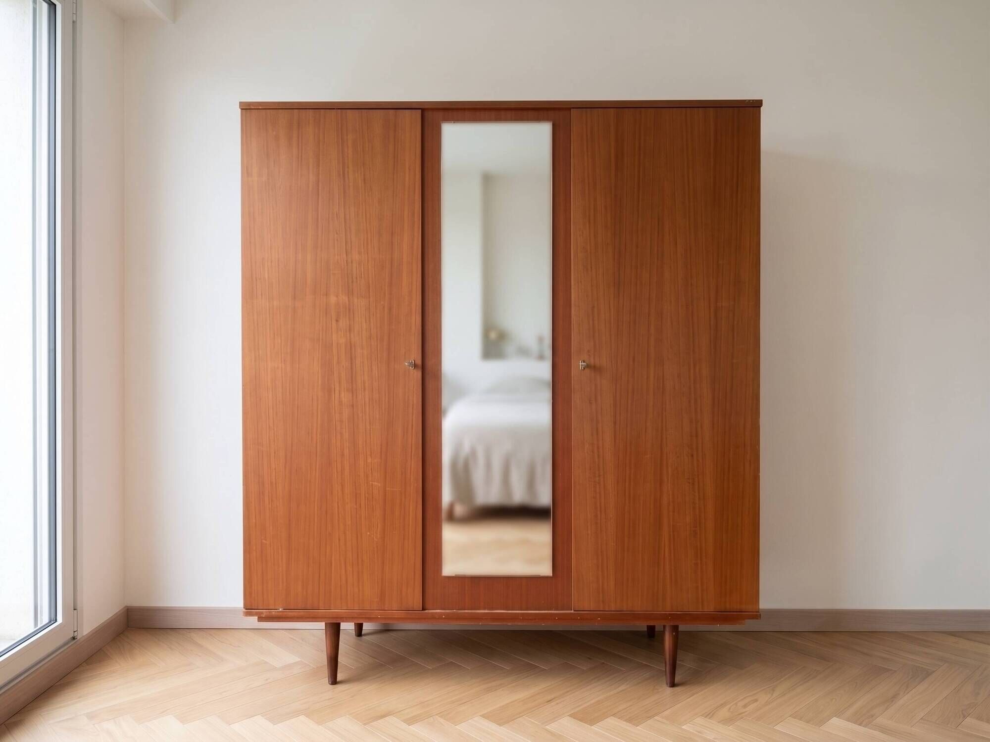 Vintage 1950s wooden wardrobe with mirror.