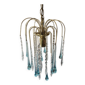 Lustre vintage cascade Sampa Helios — pampilles verre bleu et transparent