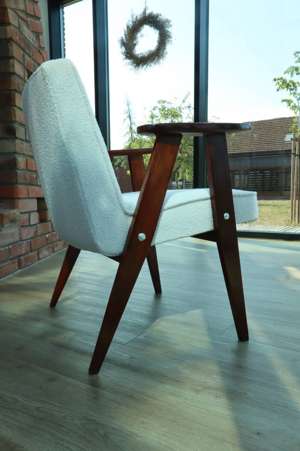 Scandinavian armchair snow white boucle dark walnut wood colour design by Chierowski 366 model