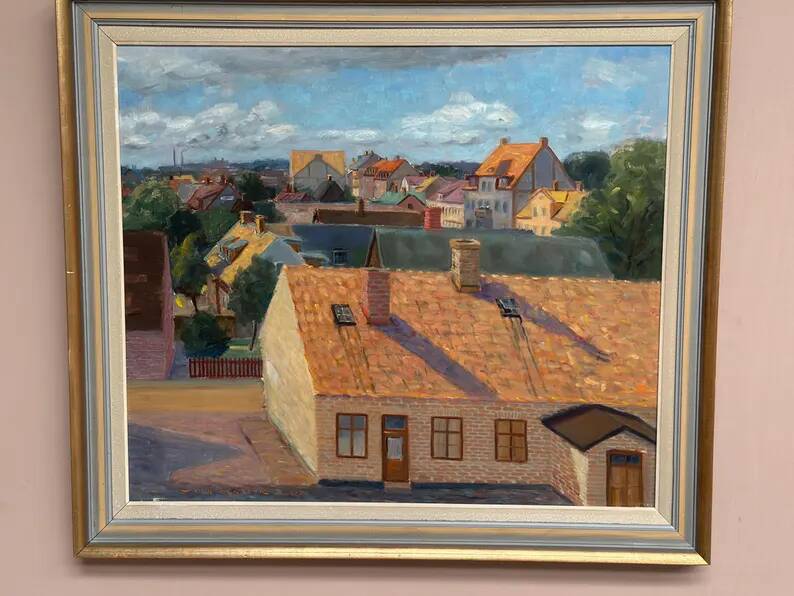 Large Original Swedish Oil on Panel – "Urban Landscape" by Wilhelm Matton – Signed – Dated 1947 – Framed – 83 × 73 cm (32.7 in × 28.7 in)
