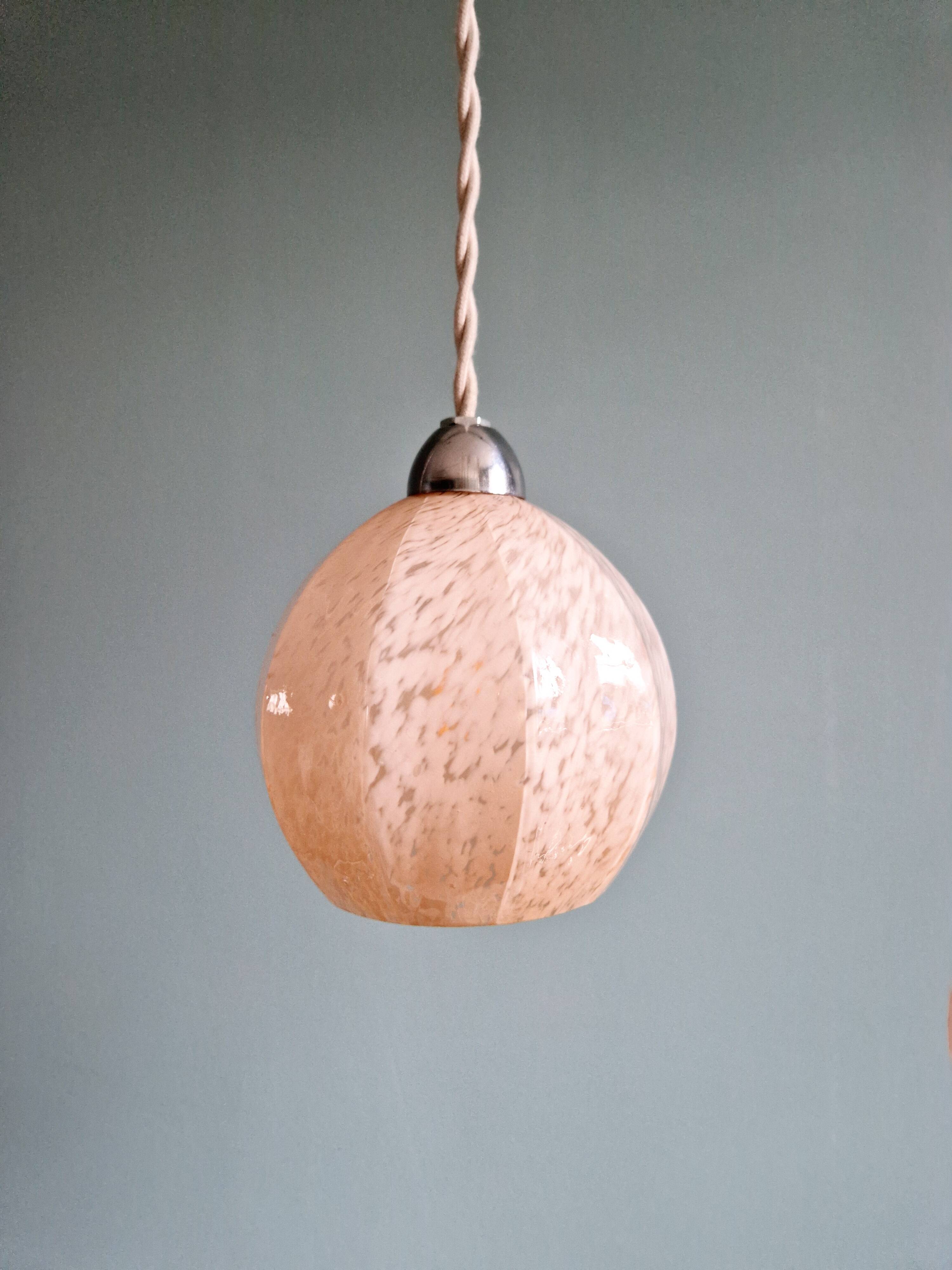 Art Deco pendant/lamp in pink speckled glass (2 available)