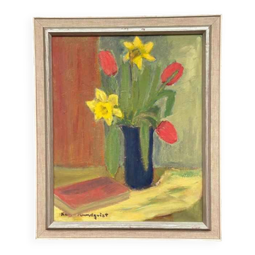 Original Swedish Oil On Panel – “Spring Bouquet” By K Lundquist – Vintage & Framed